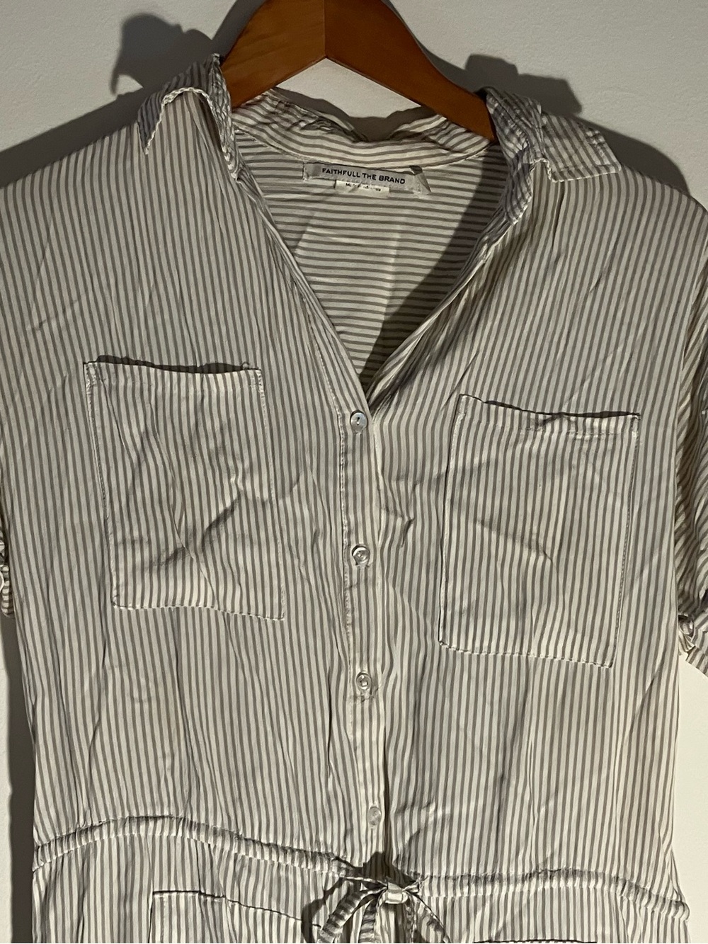 FAITHFULL THE BRAND Vertical Striped Cream Cotton Short-Sleeved Jumpsuit Size XS